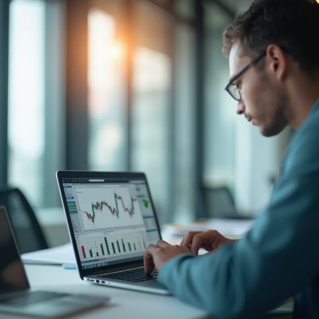 Consultor analizando datos en un portátil en oficina moderna