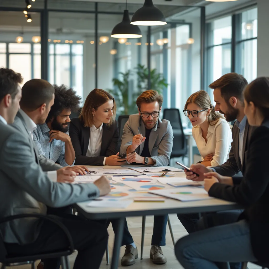 Equipo de consultores trabajando en una sala de reuniones moderna